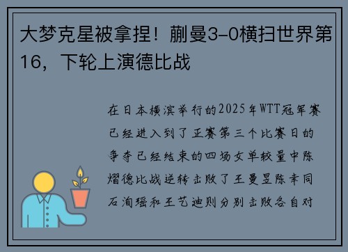 大梦克星被拿捏！蒯曼3-0横扫世界第16，下轮上演德比战