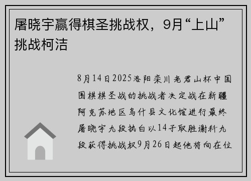 屠晓宇赢得棋圣挑战权，9月“上山”挑战柯洁