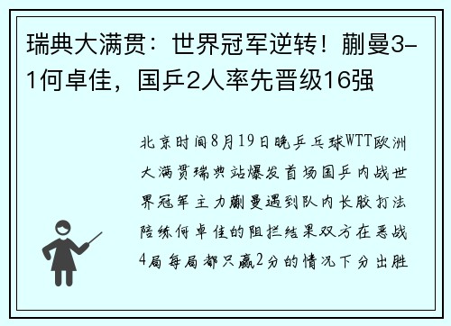 瑞典大满贯：世界冠军逆转！蒯曼3-1何卓佳，国乒2人率先晋级16强